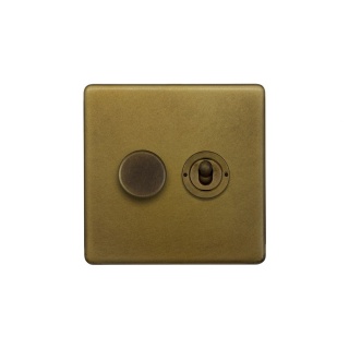 Old Brass 2 Gang Dimmer and Toggle Switch Combo (1x150W LED Dimmer 1x20A 2 Way Toggle)