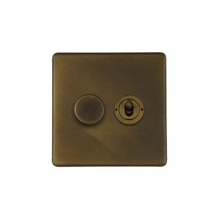 Vintage Brass 2 Gang Dimmer and Toggle Switch Combo (1x150W LED Dimmer 1x20A 2 Way Toggle)