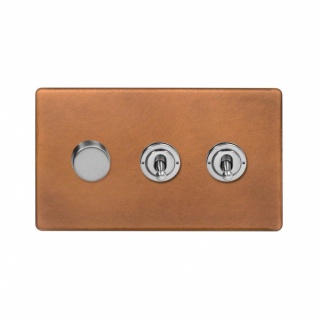 Fusion Antique Copper & Brushed Chrome 3 Gang Switch with 1 Dimmer (1x150W LED Dimmer 2x20A 2 Way Toggle)