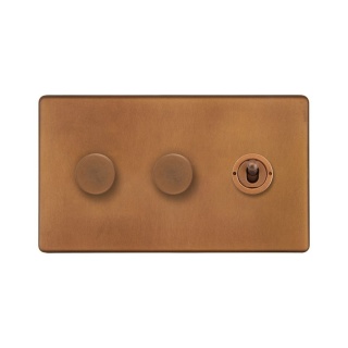 Antique Copper 3 Gang Switch with 2 Dimmers (2x150W LED Dimmer 1x20A 2 Way Toggle)