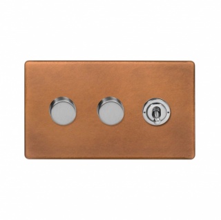 Fusion Antique Copper & Brushed Chrome 3 Gang Switch with 2 Dimmers (2x150W LED Dimmer 1x20A 2 Way Toggle)