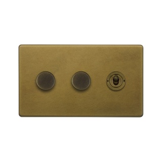 Old Brass 3 Gang Switch with 2 Dimmers (2x150W LED Dimmer 1x20A 2 Way Toggle)