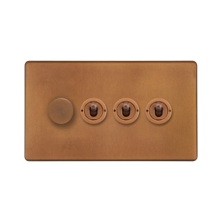 Antique Copper 4 Gang Switch with 1 Dimmer (1x150W LED Dimmer 3x20A 2 Way Toggle)