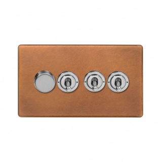 Fusion Antique Copper & Brushed Chrome 4 Gang Switch with 1 Dimmer (1x150W LED Dimmer 3x20A 2 Way Toggle)
