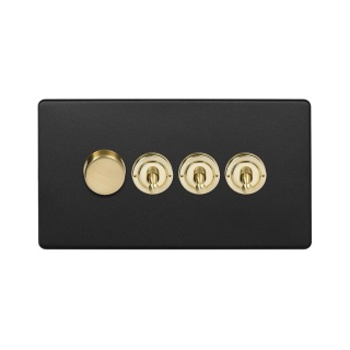 Fusion Matt Black & Brushed Brass 4 Gang Switch with 1 Dimmer (1x150W LED Dimmer 3x20A 2 Way Toggle)