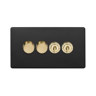 Fusion Matt Black & Brushed Brass 4 Gang Switch with 2 Dimmers (2x150W LED Dimmer 2x20A 2 Way Toggle)