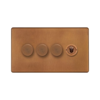 Antique Copper 4 Gang Switch with 3 Dimmers (3x150W LED Dimmer 1x20A 2 Way Toggle)