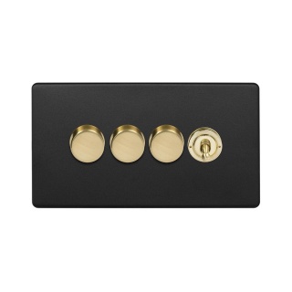 Fusion Matt Black & Brushed Brass 4 Gang Switch with 3 Dimmers (3x150W LED Dimmer 1x20A 2 Way Toggle)