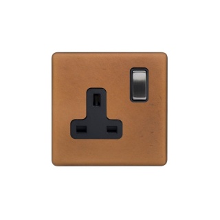 Fusion Antique Copper & Brushed Chrome 13A 1 Gang Switched Socket, DP Black Insert Screwless