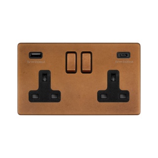 Antique Copper 2 Gang USB A+C Socket (13A Socket + 2 USB Ports A+C 3.1A)