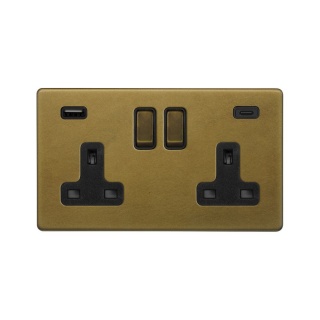 Old Brass 2 Gang USB A+C Socket (13A Socket + 2 USB Ports A+C 3.1A)