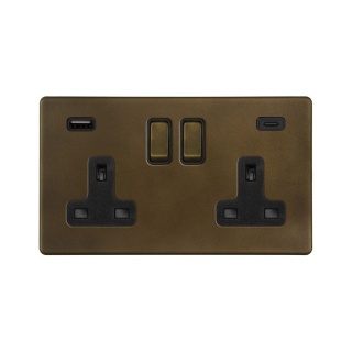 Vintage Brass 2 Gang USB A+C Socket (13A Socket + 2 USB Ports A+C 3.1A)