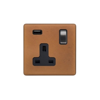 Fusion Antique Copper & Brushed Chrome 13A 1 Gang DP USB Socket (USB 2.1amp) Black Insert Screwless