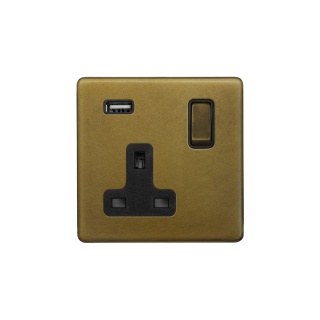 Old Brass 13A 1 Gang Double Pole Switched USB Socket (USB Output 2.1amp)
