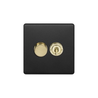 Fusion Matt Black & Brushed Brass 2 Gang Dimmer and Toggle Switch Combo (1x150W LED Dimmer 1x20A 2 Way Toggle)