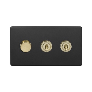 Fusion Matt Black & Brushed Brass 3 Gang Switch with 1 Dimmer (1x150W LED Dimmer 2x20A 2 Way Toggle)