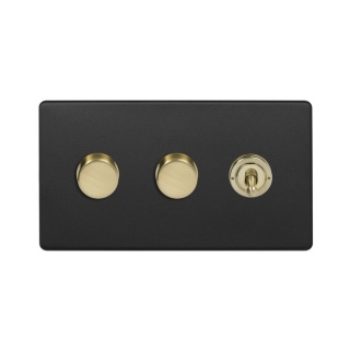 Fusion Matt Black & Brushed Brass 3 Gang Switch with 2 Dimmers (2x150W LED Dimmer 1x20A 2 Way Toggle)