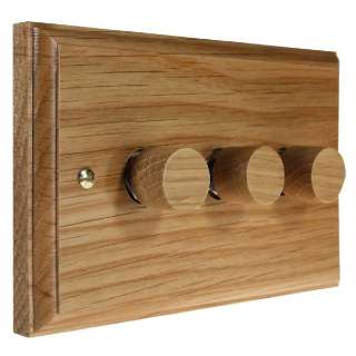 Wood 3 Gang 2Way Push on/Push off 3 x 250W/VA Dimmer Switch in Solid Oak